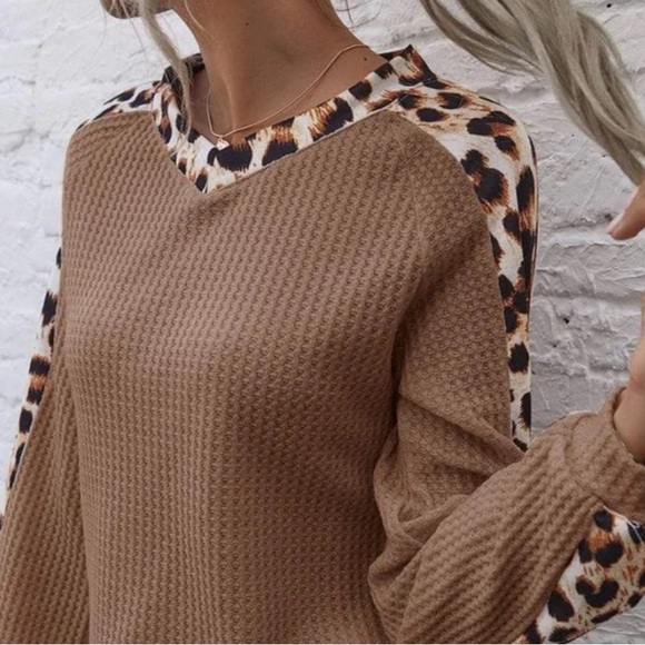 Anna Kaci Leopard Panel Waffle Knit V Neck Sweater - Picture 4 of 8